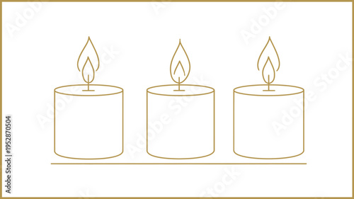 Golden outline illustration of three lit candles. Minimalist line art vector for warmth, relaxation, spirituality, and decor.