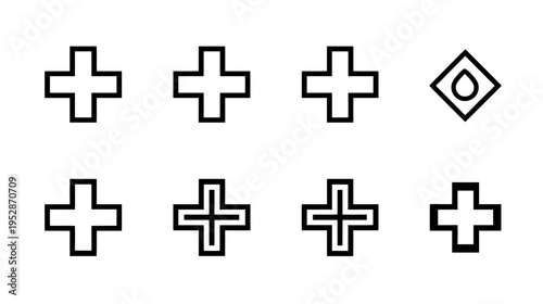 Set of outline cross symbols and a water drop icon, representing medical, first aid, plus sign, and hydration concepts in vector graphics.