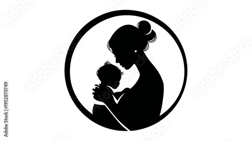Mother and baby silhouette icon, tender love and care, minimalist black and white graphic design, maternity and childhood symbol