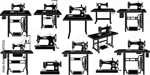 Vintage and Industrial Sewing Machine Silhouette Set Featuring Antique Foot Pedal Models Manual Tailoring Equipment and Professional Garment Manufacturing Tools for Fashion Design.