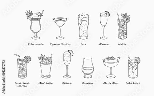Hand drawn cocktail collection in elegant line art style. Classic alcoholic drinks illustrated with minimal design for bar menus or recipe guides.