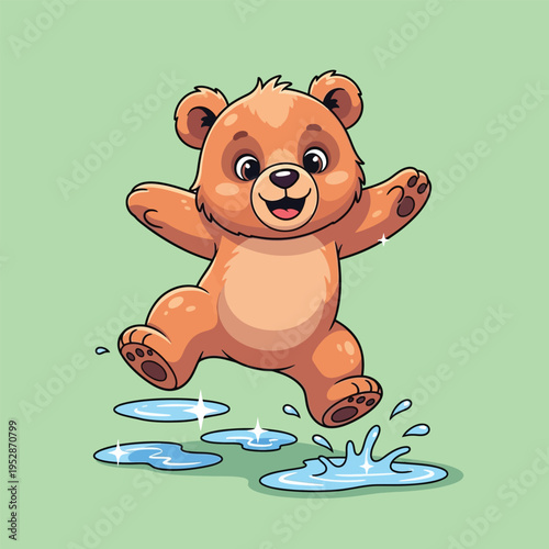Cute cartoon bear jumping in puddles with joy.