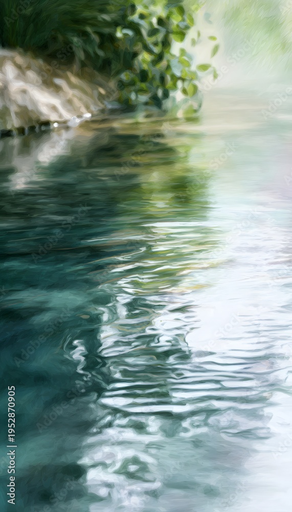 Fototapeta premium Serene watercolor river scene reflecting calm nature soft pastel hues peaceful landscape art