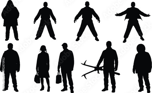 Collection of standing people silhouettes in various poses including casual, business and worker characters, diverse human figures isolated on white background
