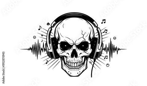 DJ skull with headphones black white horror music vector illustration
