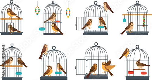 Bird cage vector set with cute birds in cages, pet animals, decorative cages and cartoon bird collection illustration