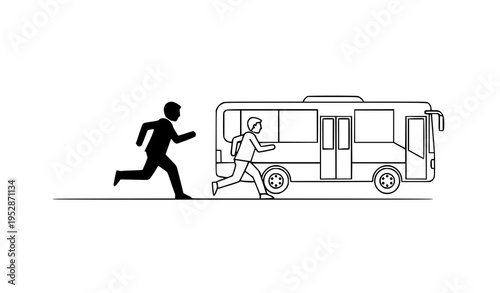 Black and white person running to bus vector silhouette and outline