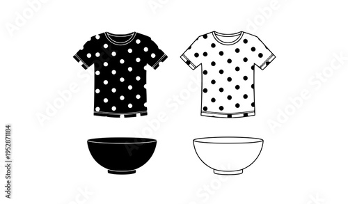 Polka dot t-shirts and bowls silhouette and outline vector illustration