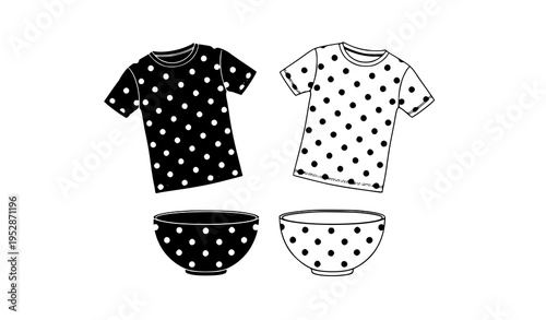 T-shirt and bowl icon collection black silhouette and white outline vector