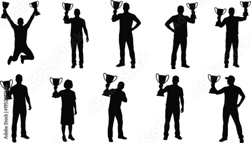 Collection of winner silhouettes holding trophies in victory poses, celebrating success and achievement, diverse people isolated on white background