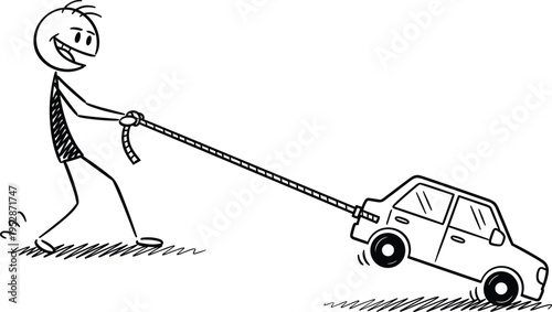 Funny stick figure man pulling a car with a rope showing great strength and effort in a simple black and white vector illustration