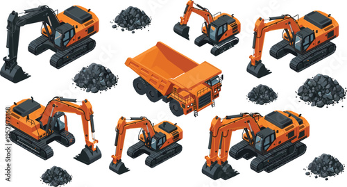 Isometric construction set featuring orange crawler excavators, heavy dump truck, and soil piles isolated on white background for mining industry and building project infographics.