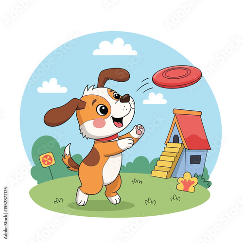 Cute cartoon puppy playing frisbee in the park.