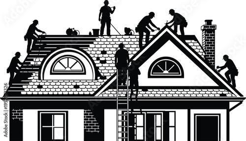 Professional roofing contractor silhouette working on house roof installation with shingles, hammers, and ladders for home renovation, residential construction, and building 