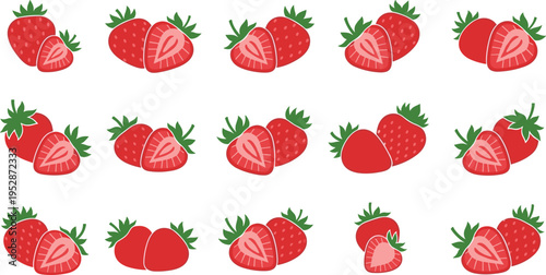 Strawberry vector set with whole and sliced berries, fresh juicy fruit collection, healthy food illustration isolated