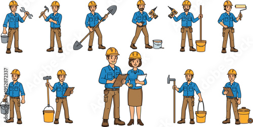 Professional construction worker set with male and female contractors holding tools drills hammers and clipboards for building service maintenance and industrial engineering project concepts.