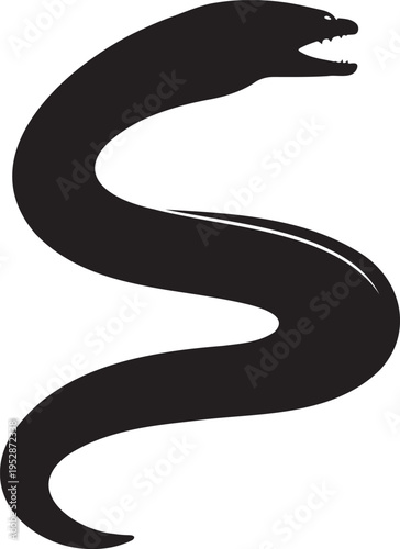 Black Silhouette of Dangerous Moray Eel with Open Mouth, Isolated on White Background for Vector Design