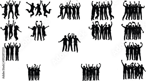 Large collection of cheering crowd silhouettes in dynamic group poses, jumping and celebrating people with raised hands isolated on white background