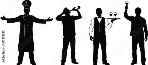 A collection of black silhouettes depicting a chef, a man drinking wine, a waiter, and a toast isolated on white background