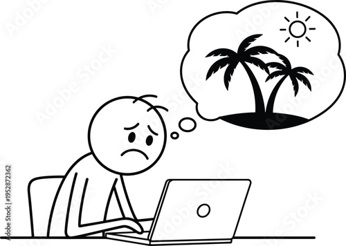 Sad stickman businessman working on laptop while dreaming of tropical summer vacation with palm trees and sun in a thought bubble vector illustration.
