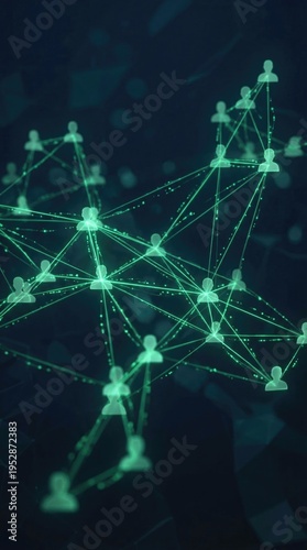 A green network of interconnected lines connecting silhouettes of people in a digital environment