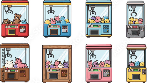 Set of colorful arcade claw machine vector illustrations with cute plush toys and prize characters isolated on white background for gaming and carnival design.