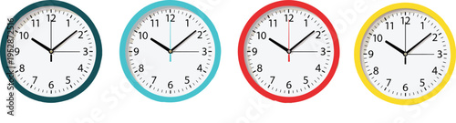 Set of four colorful wall clocks in teal blue red and yellow isolated on white background showing different times for office and home decor