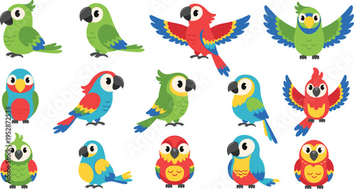 Cute parrot cartoon vector set with colorful tropical birds, funny characters and exotic animal illustration collection