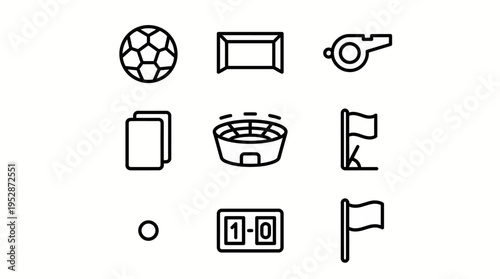 Monochrome line-art icon set featuring a soccer ball, sofa, whistle, book, bowl, flag, timer display and scoreboard for sports, home and education themes.