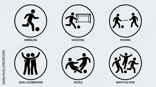 Eight circular safety icons illustrating common sports actions like dribbling, shooting, passing, tackling and obstruction for instructional use
