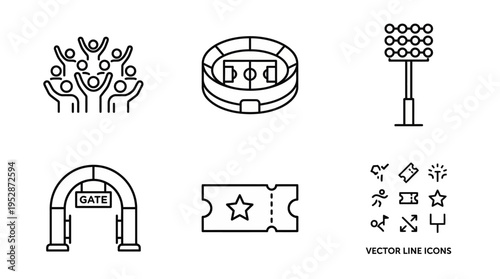 Vector line icons set for events and venues including crowd and team icons, stadium lighting, gate, banner, flag, badge, and venue signage in a clean outline style