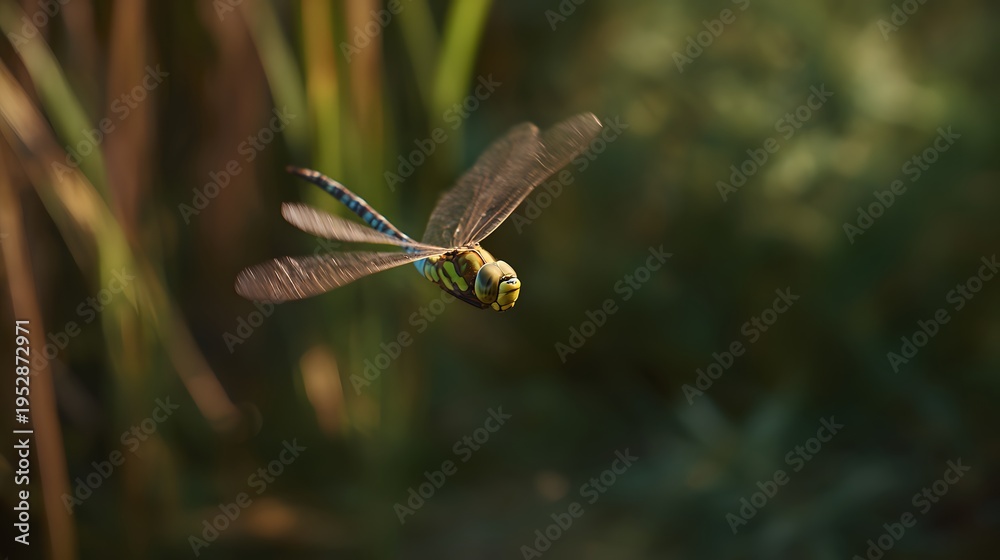 Fototapeta premium Dragonfly’s Graceful Flight A Stunning Wildlife Portrait Bathed in Warm Sunlight
