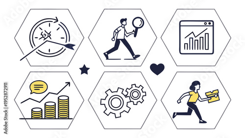 A business infographic with six icons in hexagons Vector