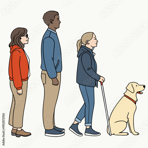A woman with a guide dog walking with two people Vector