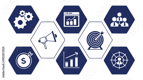 A collection of business strategy icons in white and blue Vector