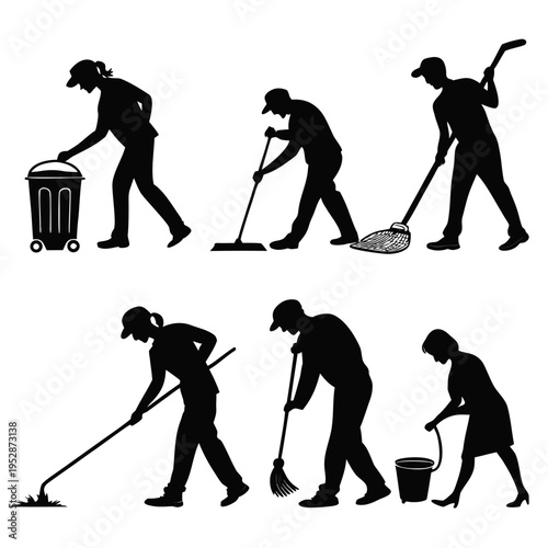 A set of silhouettes showing people cleaning Vector