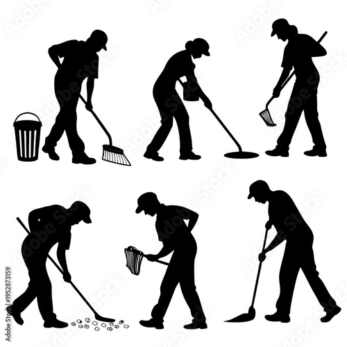 A set of silhouettes showing different cleaning actions Vector