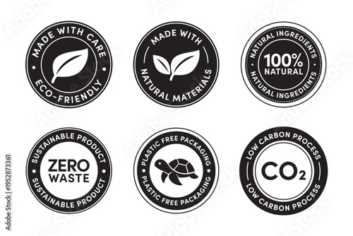 Eco Friendly Badge Sticker Set Vector Templates, green labels, eco seals, sustainable icons - Zero waste, plastic free, natural materials,