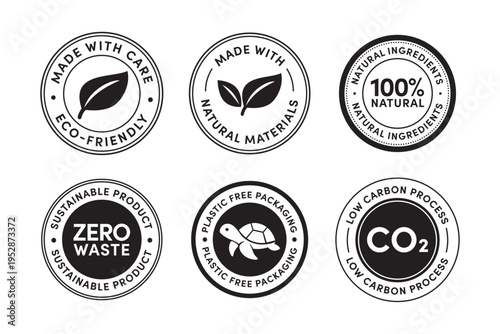 Eco Friendly Badge Sticker Set Vector Templates, green labels, eco seals, sustainable icons - Zero waste, plastic free, natural materials,