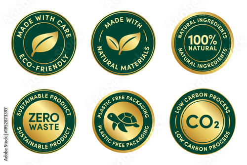 Eco Friendly Badge Sticker Set Vector Templates, green labels, eco seals, sustainable icons - Zero waste, plastic free, natural materials,
