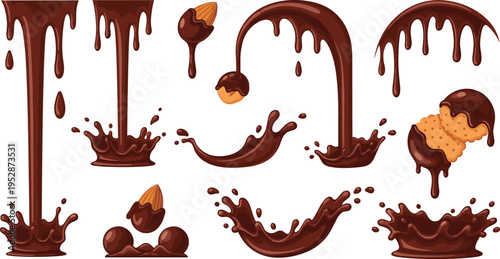 Chocolate Splash and Drip Collection with Falling Drops Liquid Cocoa Waves and Sweet Dessert Elements for Food Design Vector Illustration Set