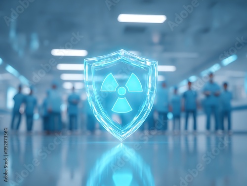 Glowing glass shield with a radiation symbol protecting a team of doctors. Symbolizes advanced nuclear safety, radiological defense, and medical protection protocols.