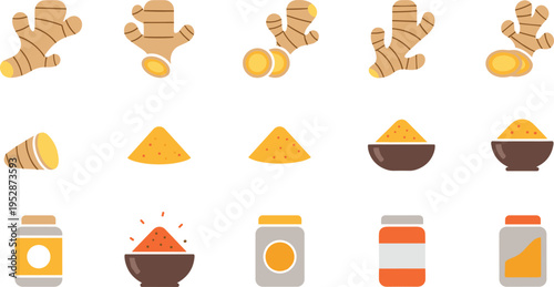 Turmeric Root and Powder Collection with Sliced Pieces Spice Bowls and Bottles for Herbal Medicine Cooking Ingredient Vector Illustration Set
