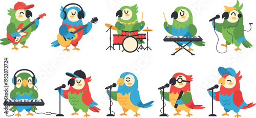 Cute parrot music band vector set with cartoon birds playing guitar, drums, keyboard and singing, fun character illustration collection