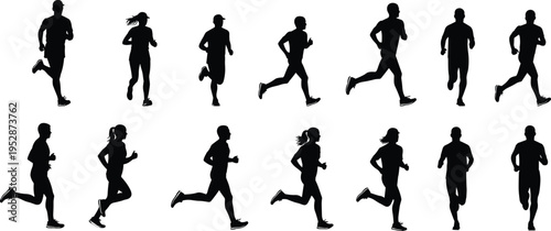 A collection of black silhouettes showing various men and women engaged in running and jogging isolated on white background