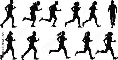 A collection of ten diverse human silhouettes depicting men and women in various running poses isolated on white background