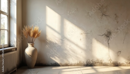 Interior corner with cracked plaster wall showing mold growth near window. Tall vase holds dry grass stalks. Natural light streams across floor tiles.