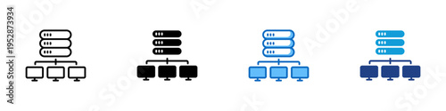Server Network Multiple Style Icon Design Vector - Server stack connected to devices representing data hosting, network infrastructure, and distributed computing system