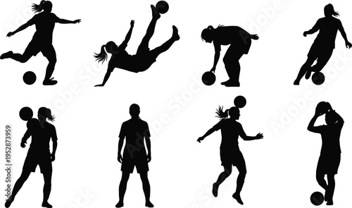 A collection of black silhouettes showing various female soccer players in different action poses isolated on white background