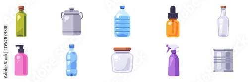 Set of packaging container icons, bottle, jar, canister, spray, dropper, colorful collection with vector flat illustrations